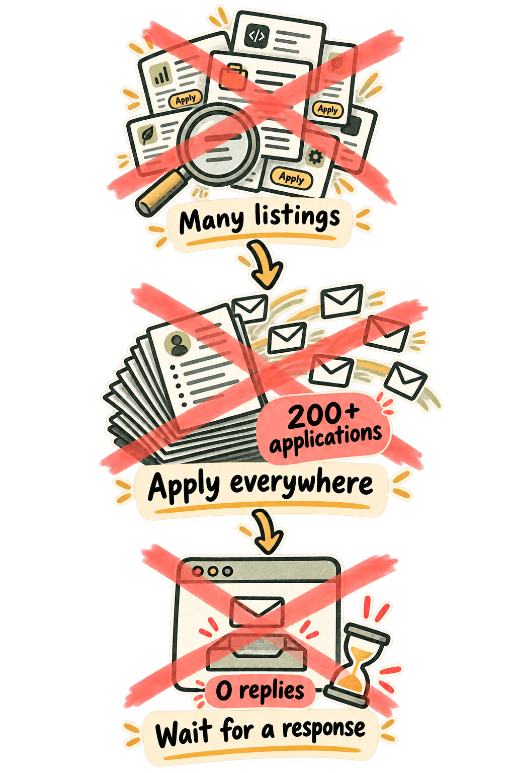 Mass-application example showing many listings, over 200 applications, and an empty inbox, crossed out.